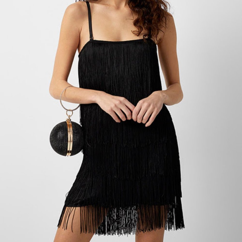 Fringed tiered satin mini-dress, size S